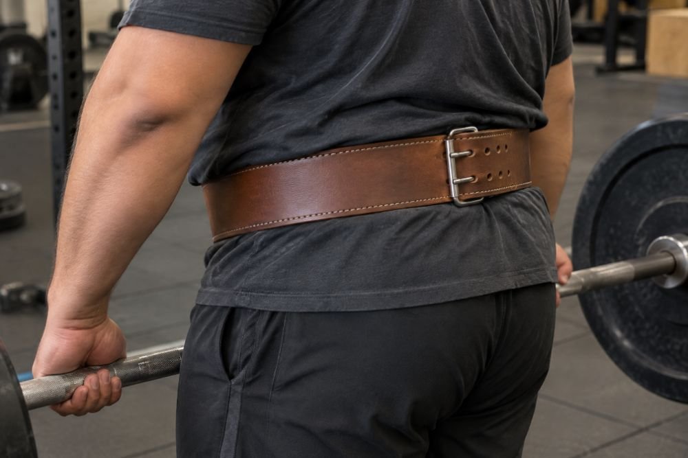 A wide leather lifting belt fastened at the waist of a heavyset lifter at a barbell, uniform width all the way round