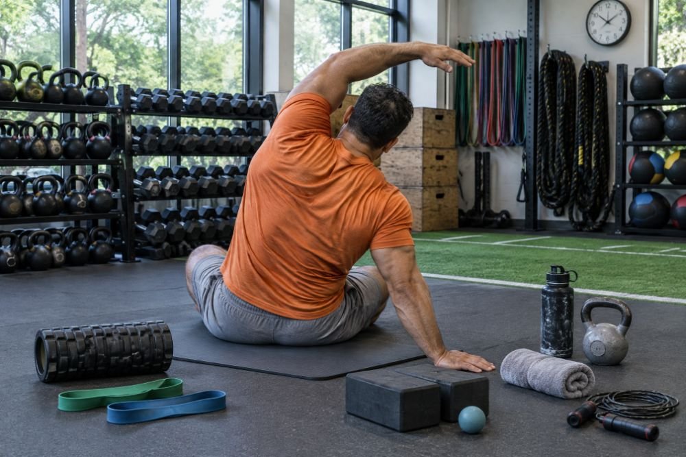 A big man in an orange t-shirt seen from behind on a mat, reaching into a deep seated side bend in a sunlit studio