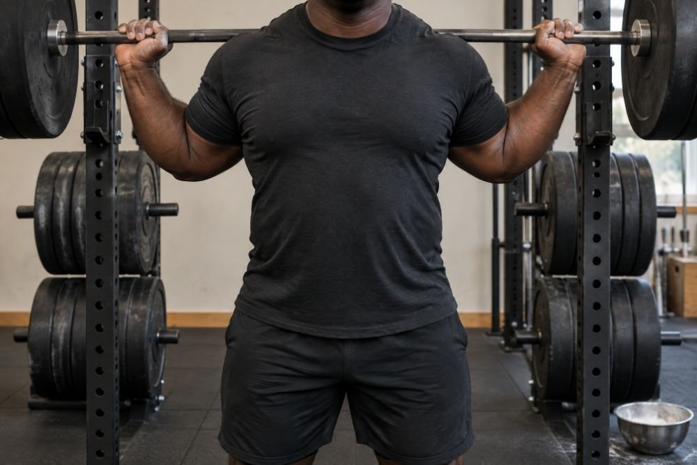 A barbell resting across the upper back of a heavyset lifter with a plate on each end, larger plates stacked on the rack pegs behind him