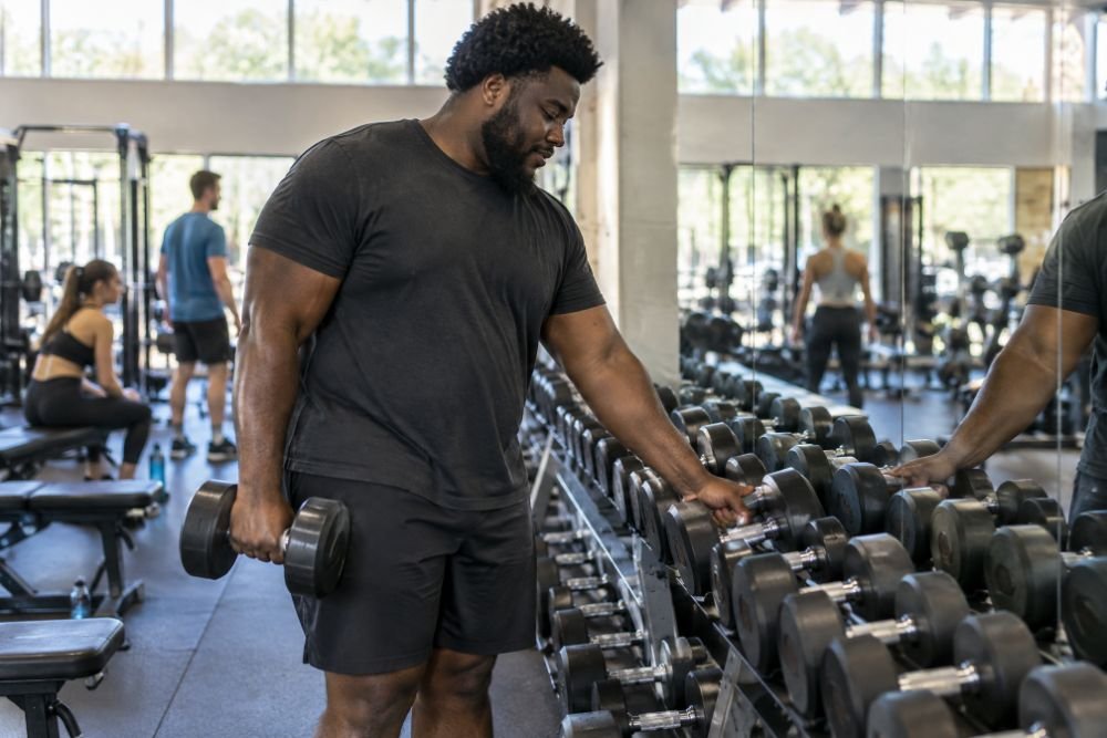 A large man lifting a dumbbell off the end of a rack, relaxed and at ease on a busy gym floor