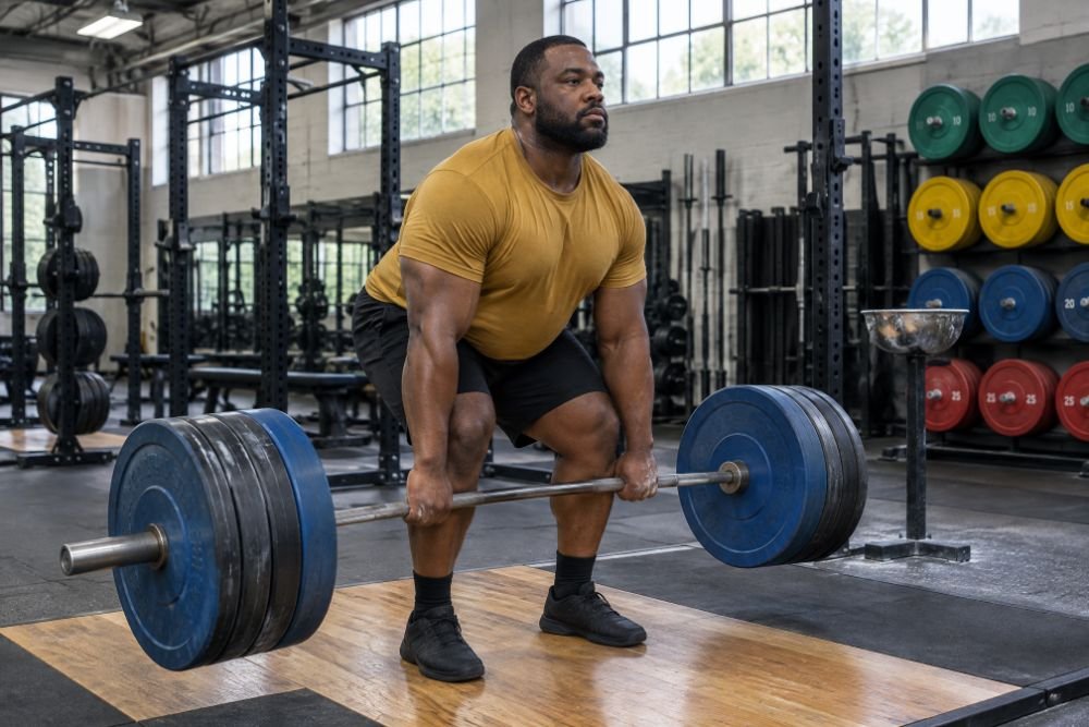A heavyset man in a mustard t-shirt mid-deadlift with a plate-loaded barbell, back flat, in a warmly lit gym