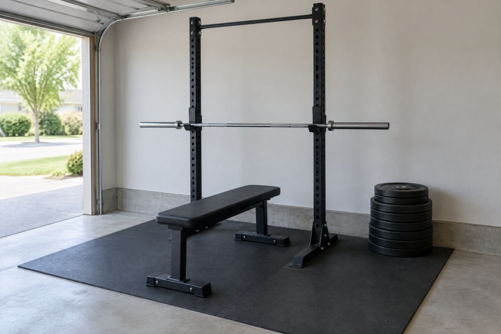 A garage corner holding only a squat rack, a flat bench, a barbell and a stack of plates on a mat