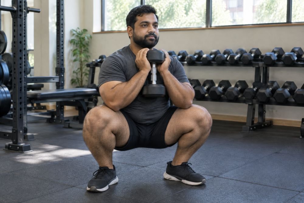 A heavyset man in a deep goblet squat holding a dumbbell at his chest, knees tracking out over his toes
