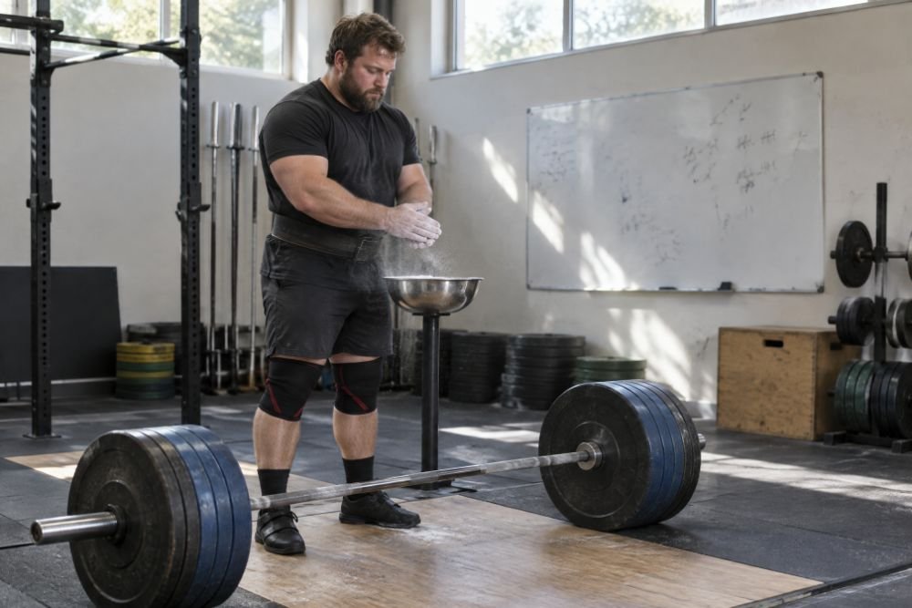 A heavyset lifter chalking his hands beside a loaded barbell, a whiteboard on the wall behind him