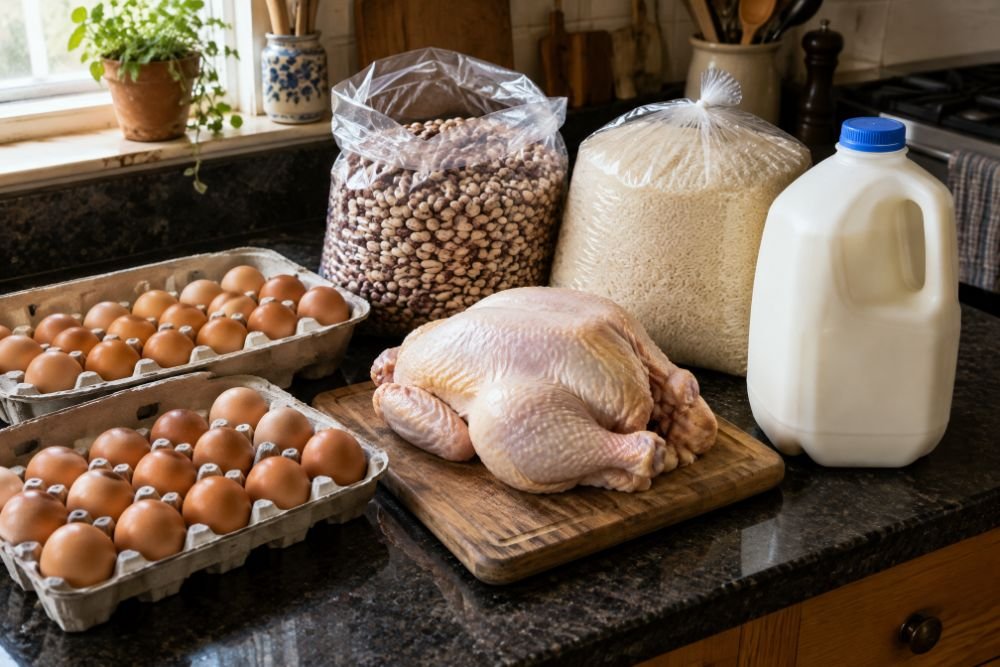 A counter laid with the cheap protein column: trays of eggs, a whole raw chicken, dried beans, rice and milk