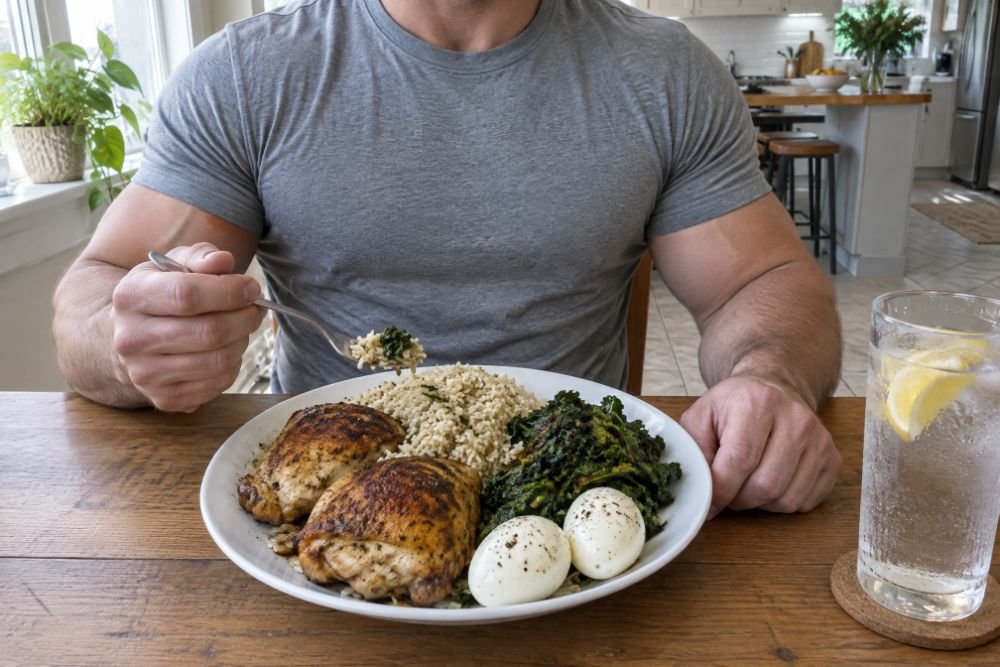 A heavyset man at a kitchen table eating a large plate of roast chicken, rice, greens and boiled eggs