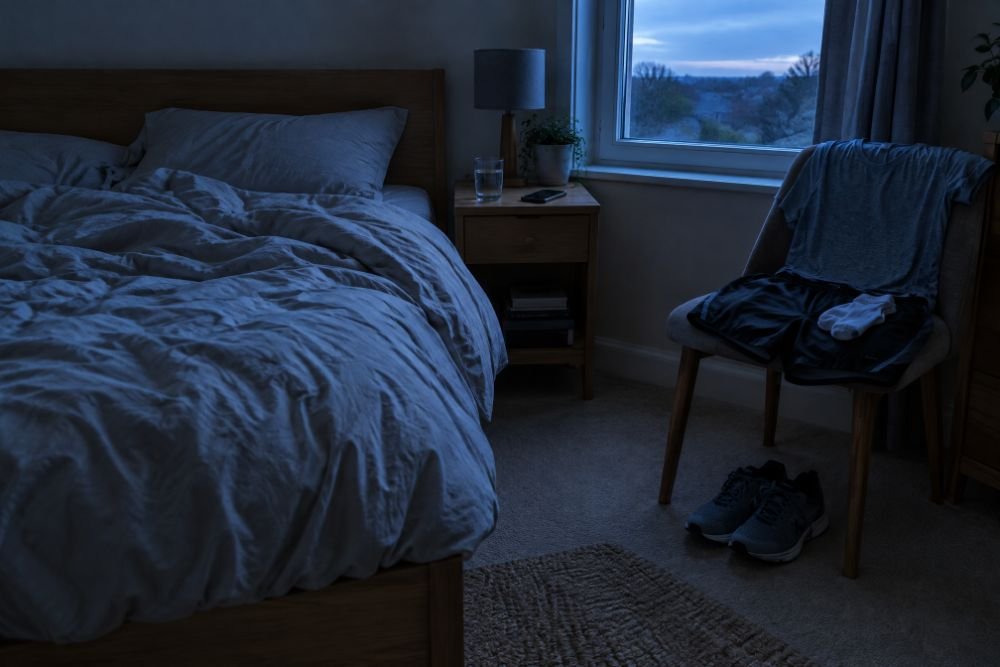 A dim bedroom before dawn with gym clothes folded on a chair and trainers on the floor beside it
