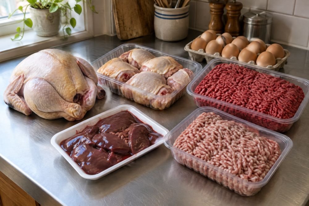 A counter laid with the cheap version of the all-meat week: a whole chicken, chicken thighs, ground beef, eggs, beef liver and pork mince