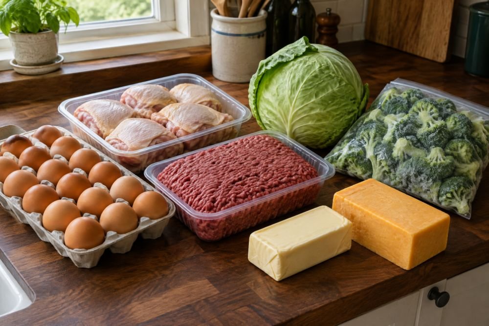 A counter laid with the cheap version of the keto week: eggs, chicken thighs, ground beef, butter, cheddar, cabbage and frozen broccoli