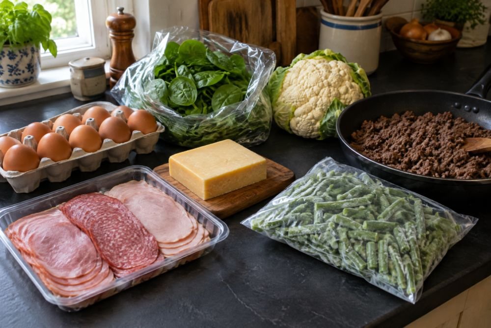 A counter laid with the cheap version of the low-carb week: eggs, sliced meats, cheese, spinach, browned ground beef and cauliflower