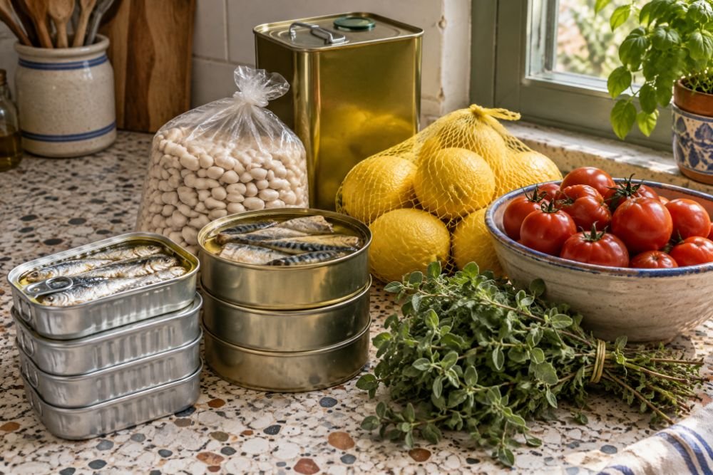 A counter laid with the cheap version of the Mediterranean week: tins of sardines and mackerel, dried white beans, olive oil, lemons, tomatoes and oregano