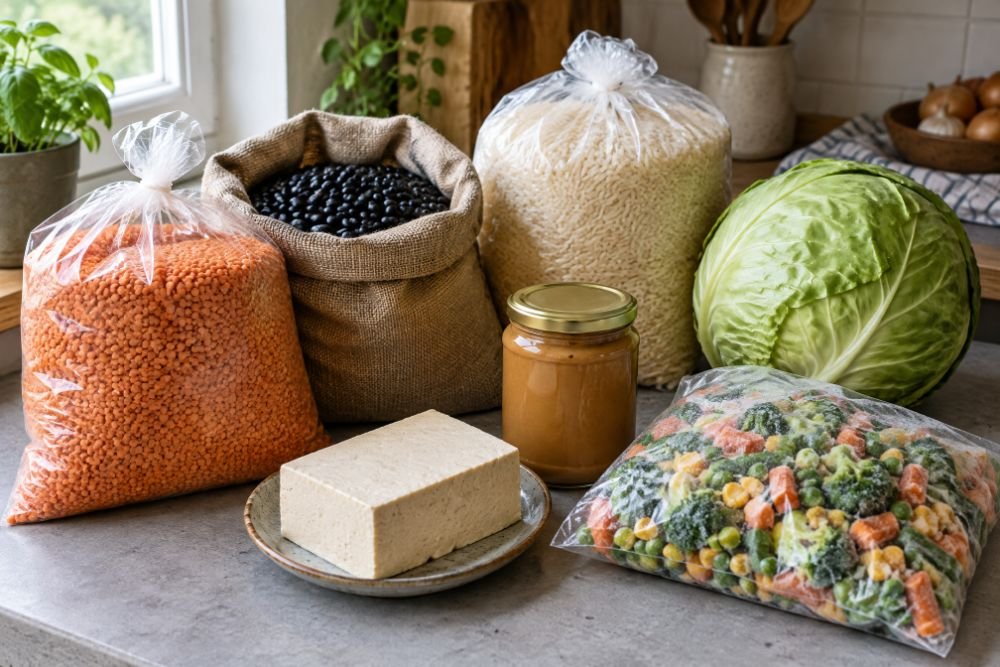 A counter laid with the cheap version of the vegan week: dried lentils, black beans, rice, tofu, peanut butter and frozen vegetables