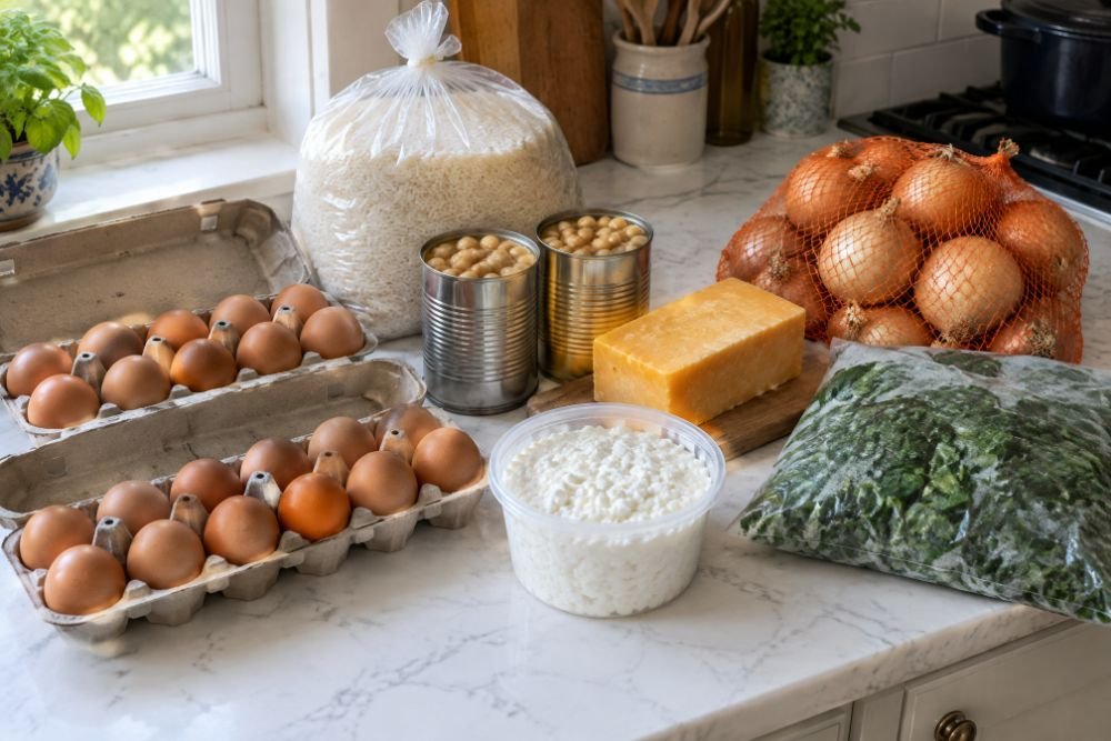A counter laid with the cheap version of the vegetarian week: trays of eggs, rice, tinned chickpeas, cheddar, cottage cheese and frozen spinach