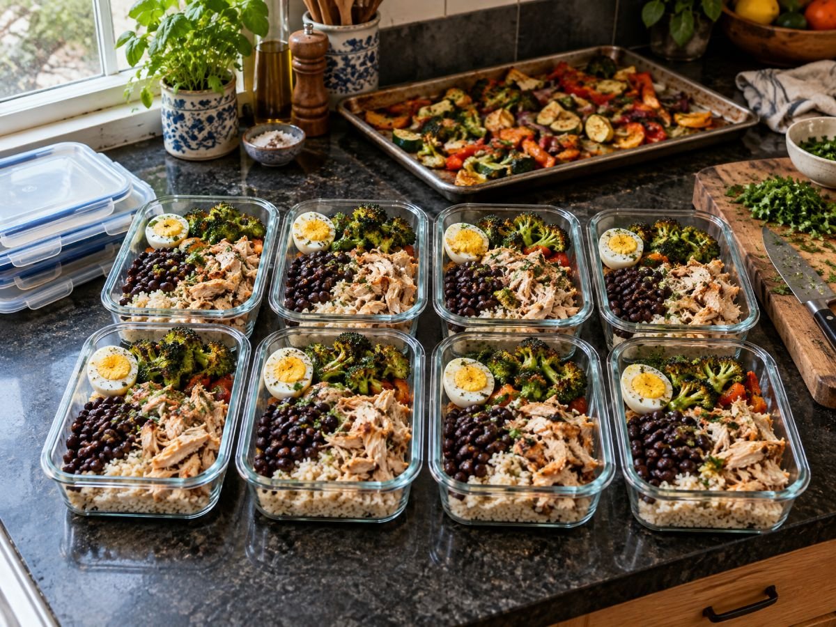 Eight glass meal-prep containers on a kitchen counter, each packed with rice, shredded chicken, black beans, roasted broccoli and a boiled egg