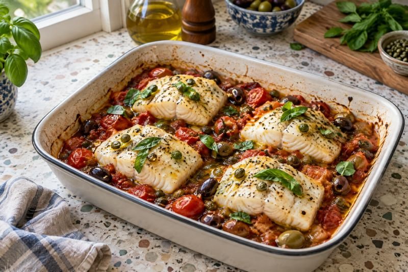 A baking dish of white cod fillets in a chunky tomato, olive and caper sauce with basil on top