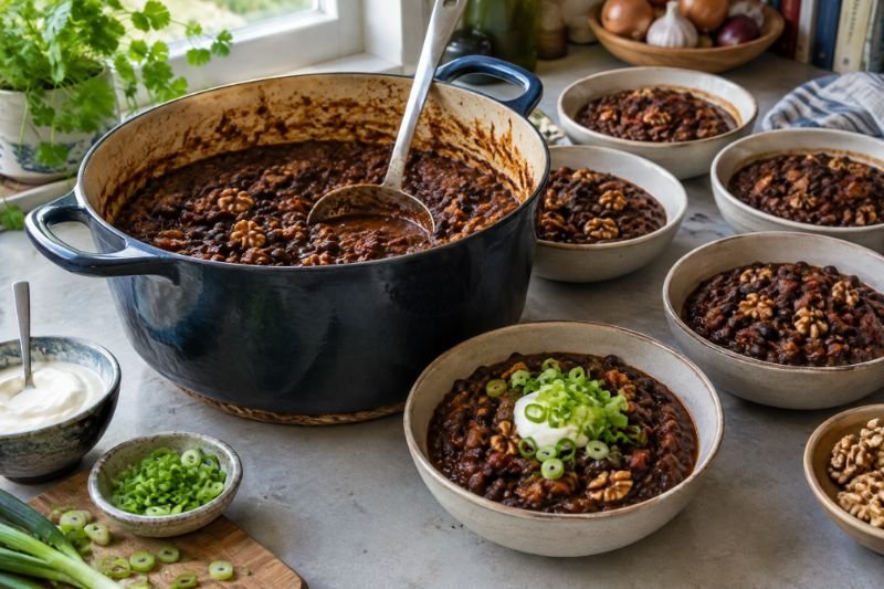 A deep pot of thick black bean and walnut chili with a bowl portioned out and topped with spring onion