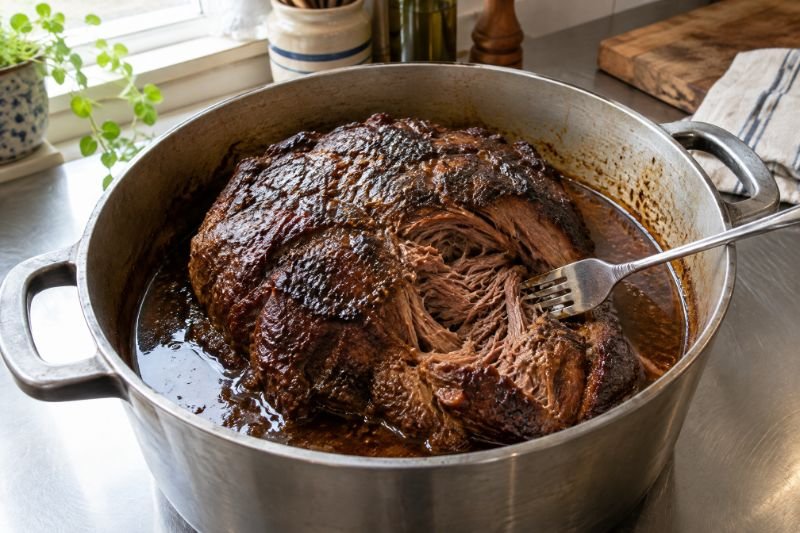 A heavy pot holding a whole braised beef chuck with a dark seared crust and a fork twisting into it