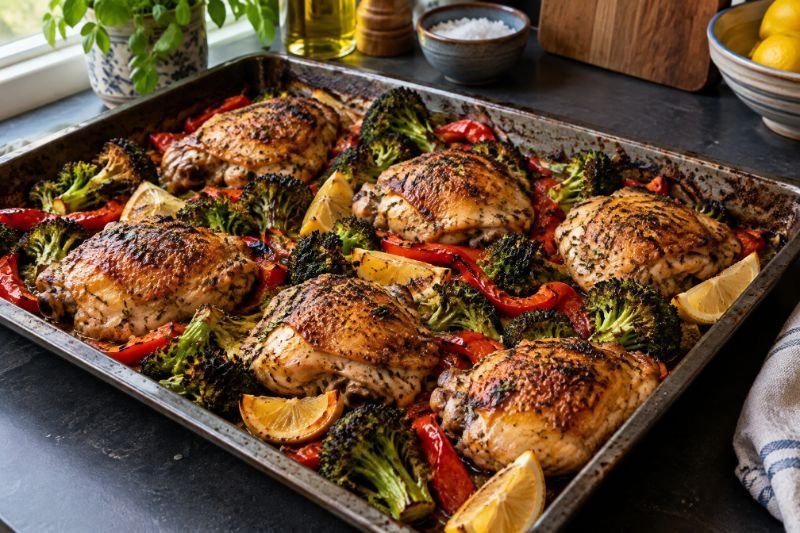 A traybake of bone-in chicken thighs with charred broccoli, sliced red pepper and lemon wedges