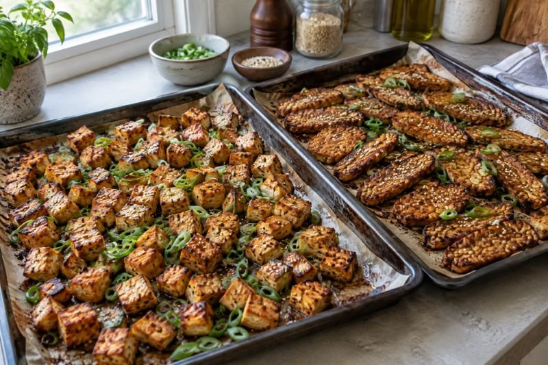 Two baking trays of crisp golden baked tofu cubes and sliced tempeh scattered with spring onion