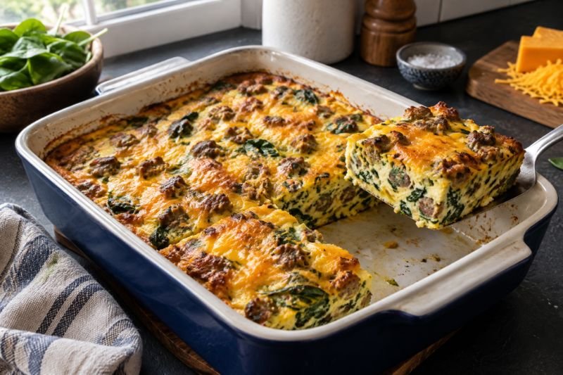 A baking dish of set egg bake with browned sausage and spinach, melted cheddar on top, one square lifted out