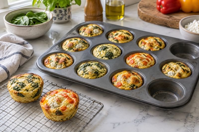 A twelve-hole muffin tin of baked egg muffins flecked with spinach and pepper, two lifted onto a cooling rack