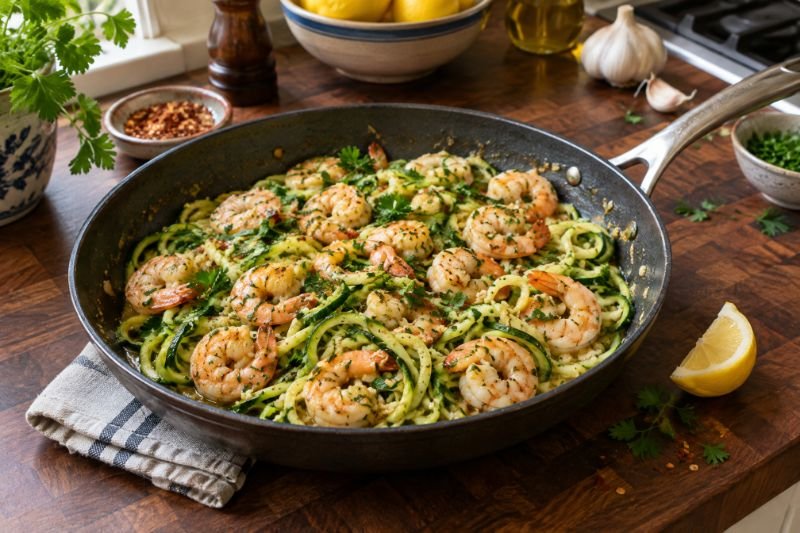 A skillet of garlic-butter shrimp tossed through zucchini noodles with parsley and chilli flakes