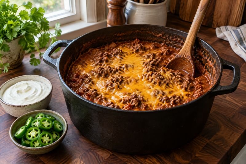 A dark cast-iron pot of thick ground beef and cheese chili with melted cheddar pooled on top