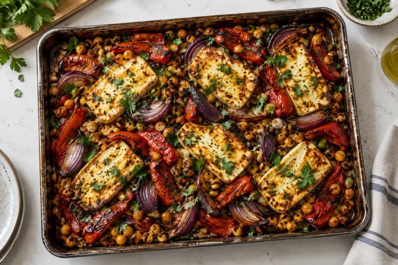 A roasting tray of seared halloumi slabs with charred red peppers, red onion and crisp chickpeas