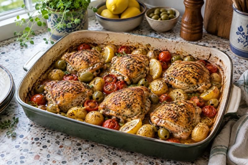 A baking dish of lemon chicken thighs with baby potatoes, cherry tomatoes, green olives and oregano