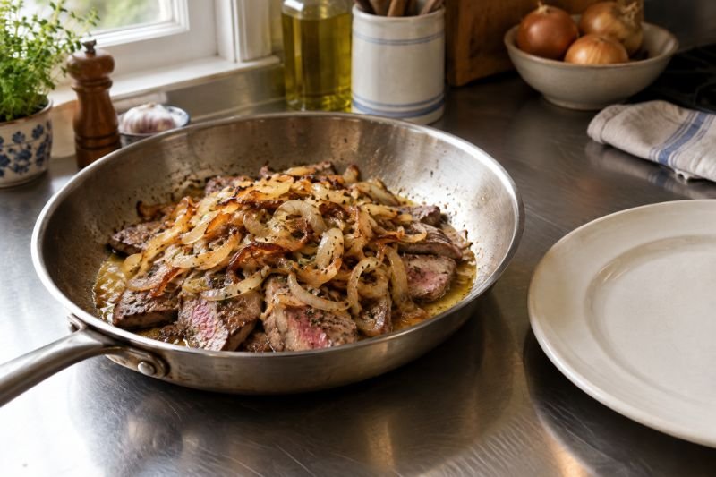 A pan of thinly sliced seared liver under a heap of slow-browned onions with butter pooling