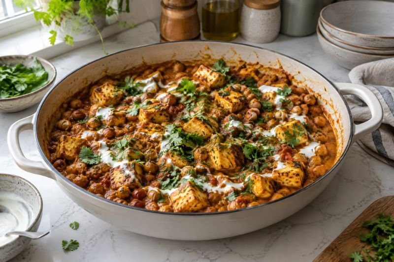 A wide pan of golden paneer cubes and chickpeas in a rust-coloured tomato curry with yoghurt swirled through