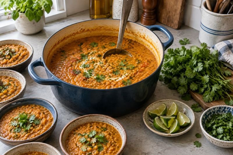 A deep pot of thick orange-red lentil dal with a ladle standing in it, lime wedges and coriander alongside