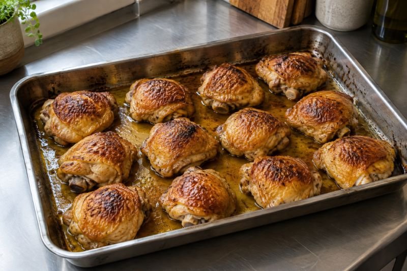 A roasting tray of a dozen bone-in chicken thighs with dark gold skin sitting in their own rendered fat