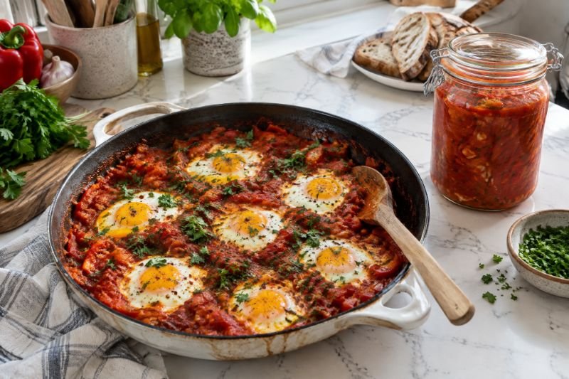 A wide skillet of red tomato and pepper sauce with eggs baked into wells and parsley scattered over