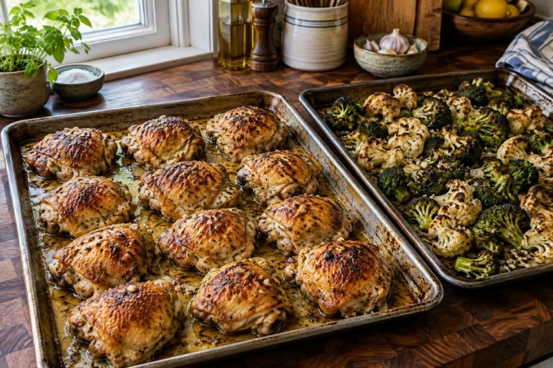 A sheet pan of bone-in chicken thighs with blistered golden skin beside a tray of charred broccoli