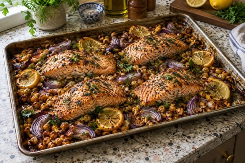 A sheet pan of roasted salmon fillets with chickpeas, red onion and lemon slices