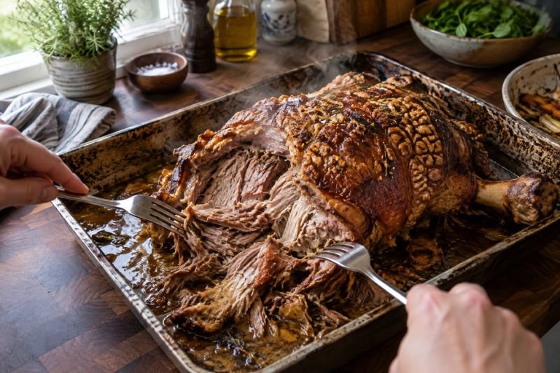 A whole bone-in roast pork shoulder in a tray being pulled apart into its own juices with two forks
