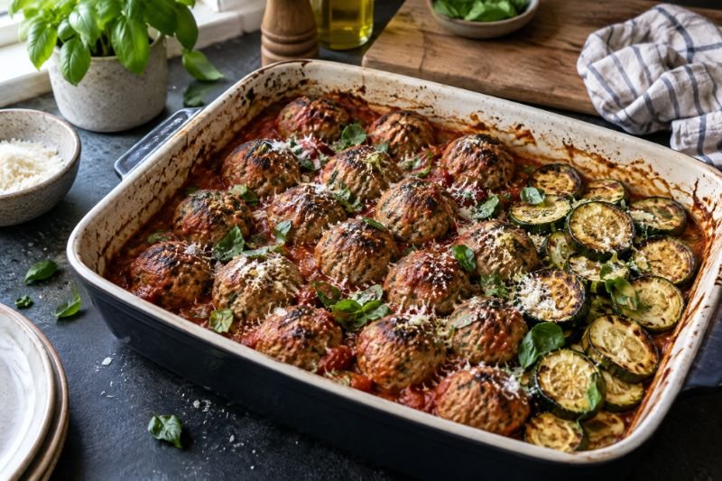 A baking dish of browned turkey meatballs in marinara sauce with roasted zucchini rounds alongside