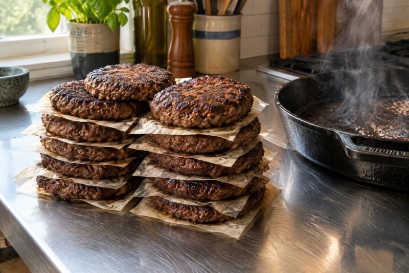A dozen thick beef burger patties with a hard brown crust stacked with greaseproof paper between them