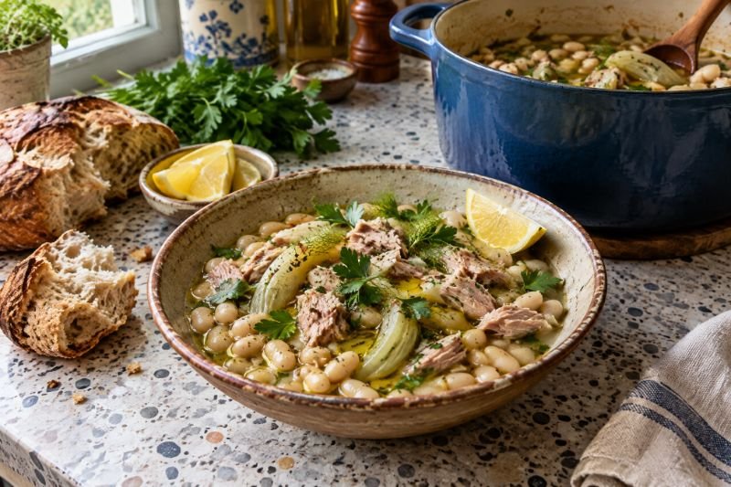 A rustic bowl of white bean and fennel stew with flakes of tuna and a heavy slick of olive oil on top