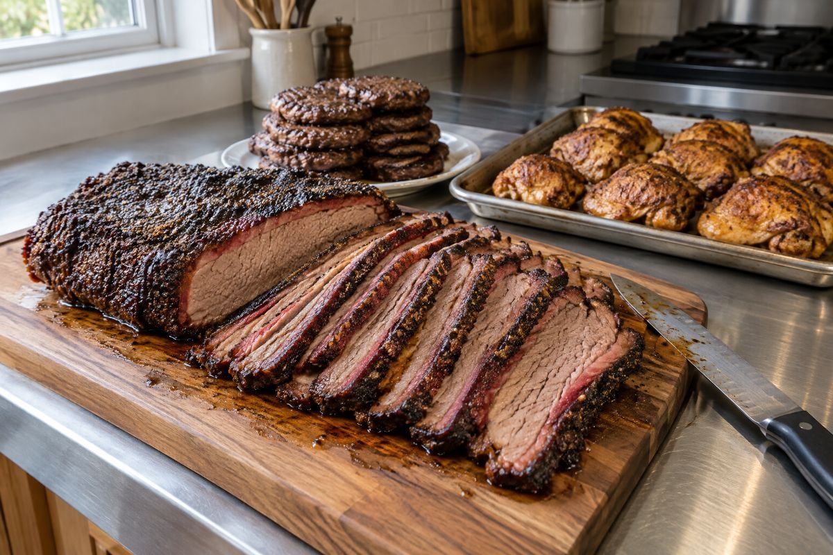 Slices of smoked brisket with a dark peppered crust on a wooden board, burger patties and roast chicken behind