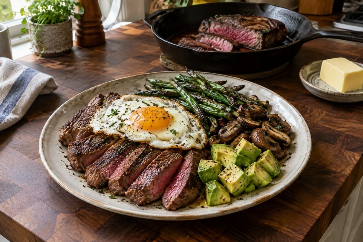 A plate of sliced steak topped with a fried egg, with green beans, mushrooms and cubed avocado alongside