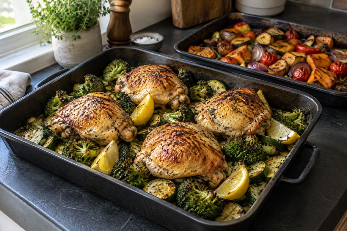 Roasted chicken thighs with crisp skin on a bed of charred broccoli and zucchini in a dark roasting tray