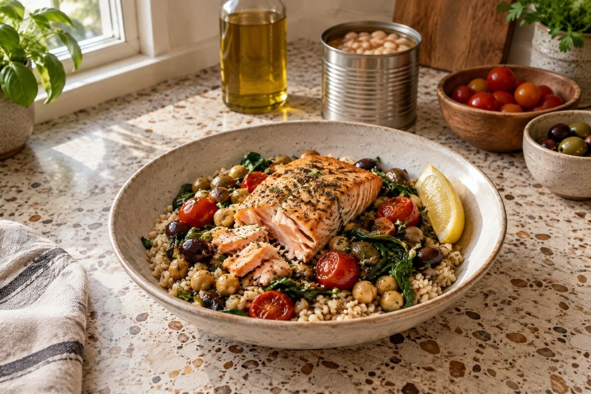 A wide bowl of rice with chickpeas, flaked roast salmon, greens, tomatoes, olives and a wedge of lemon