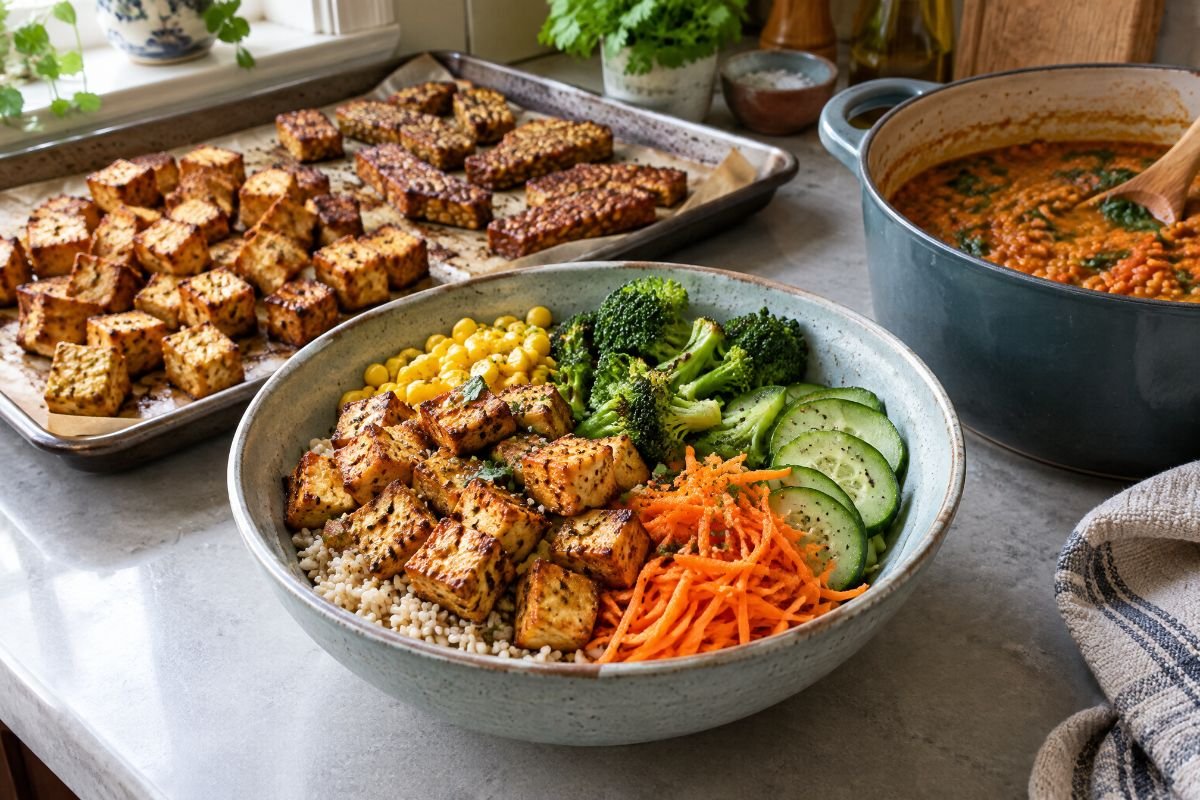A bowl of baked tofu with sweetcorn, broccoli, cucumber and carrot over rice, trays of tofu and tempeh behind it