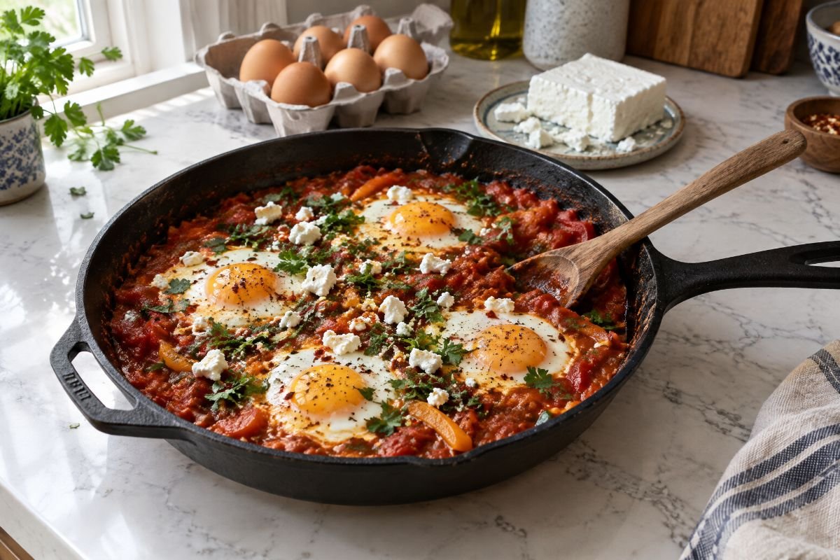 Four whole eggs poached in a deep red spiced tomato sauce in a cast-iron skillet, topped with feta and parsley